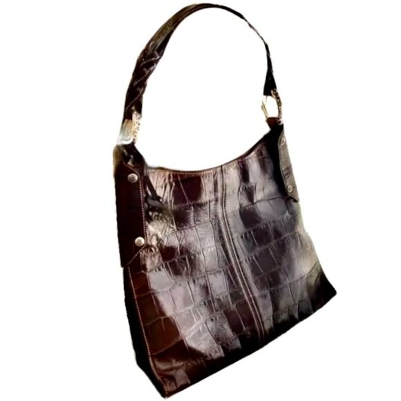 Brighton Hobo Shoulder Tote Bag in Croc Embossed Chocolate Brown Leather - Picture 5 of 12